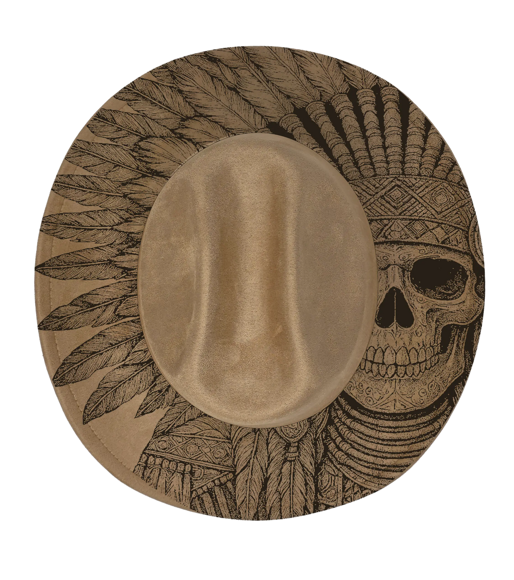 Tan coloured cattleman hat with a native indian skull and feather engraving