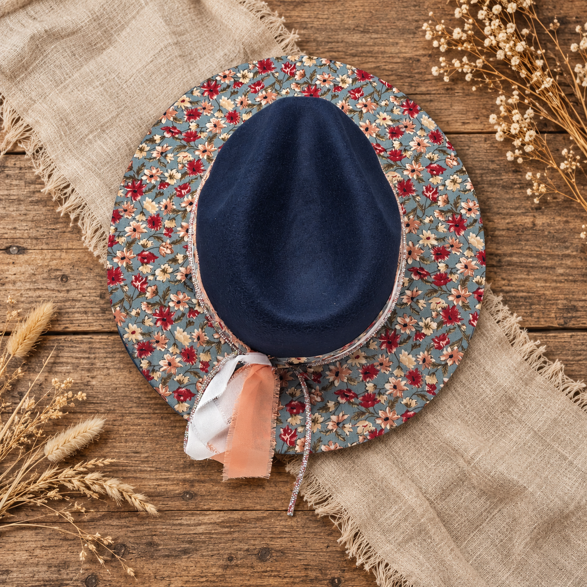Floral Print Navy Fedora Hat Boho Style