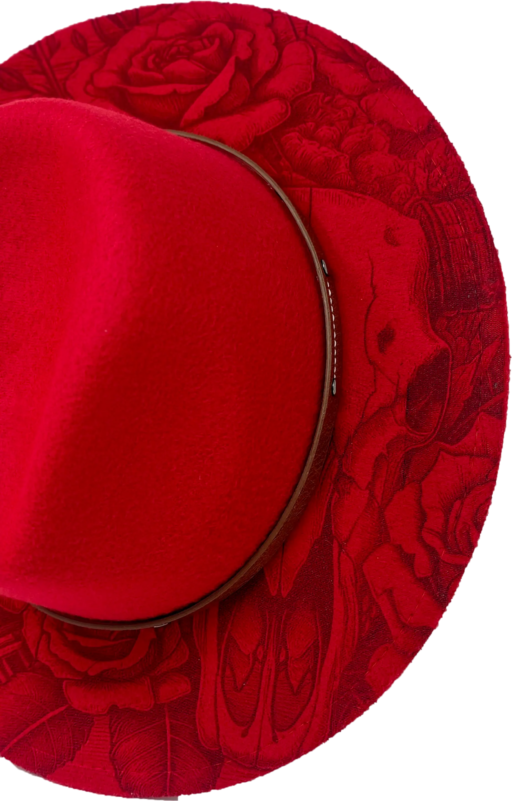 Red Western Fedora Hat with Engraved Rose & Skull Design – Adjustable Polyester Western Style Western Fedora Hats