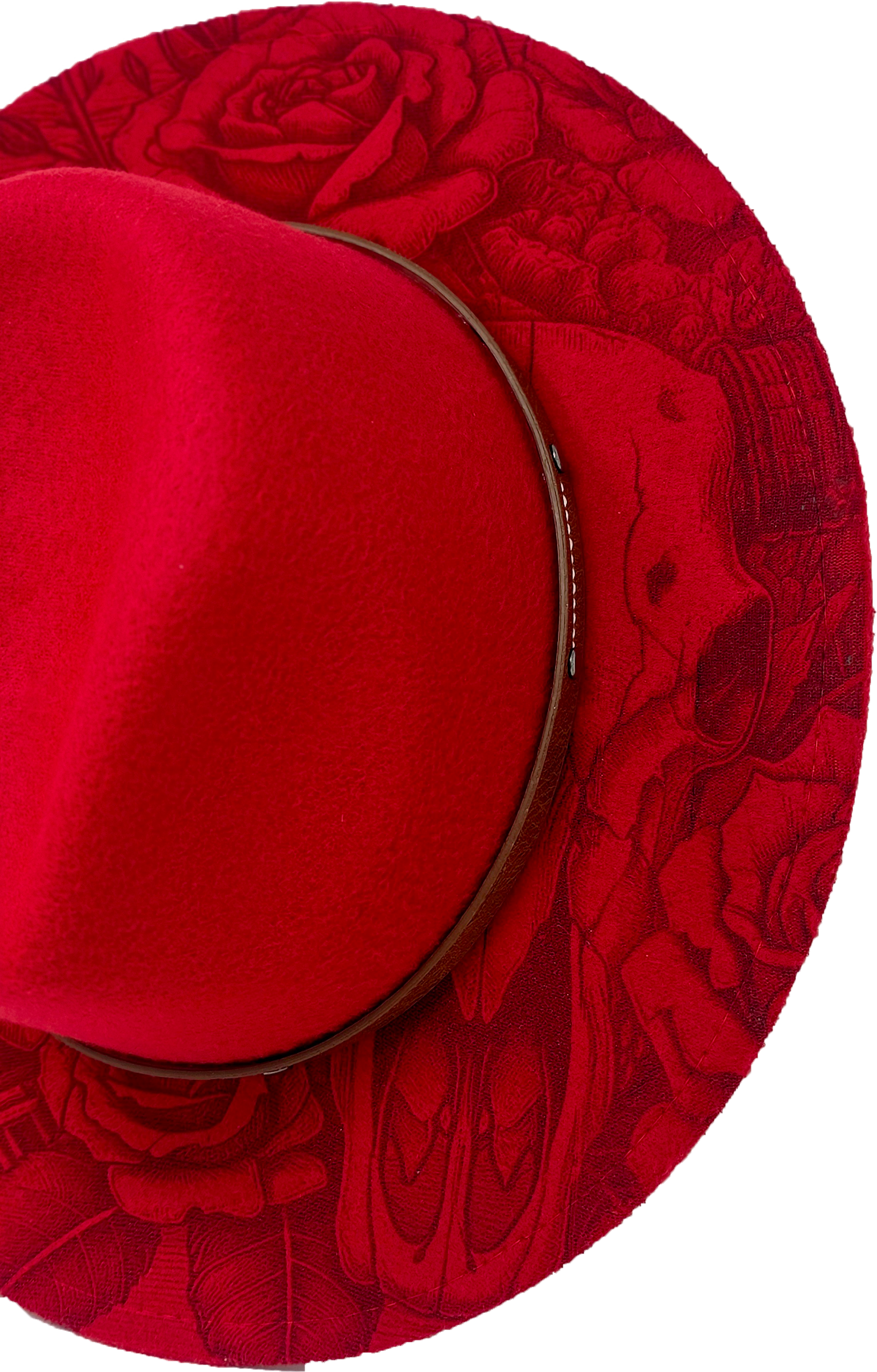 Red Western Fedora Hat with Engraved Rose & Skull Design – Adjustable Polyester Western Style