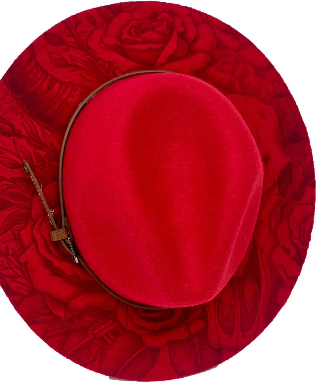 Red Western Fedora Hat with Engraved Rose & Skull Design – Adjustable Polyester Western Style Western Fedora Hats