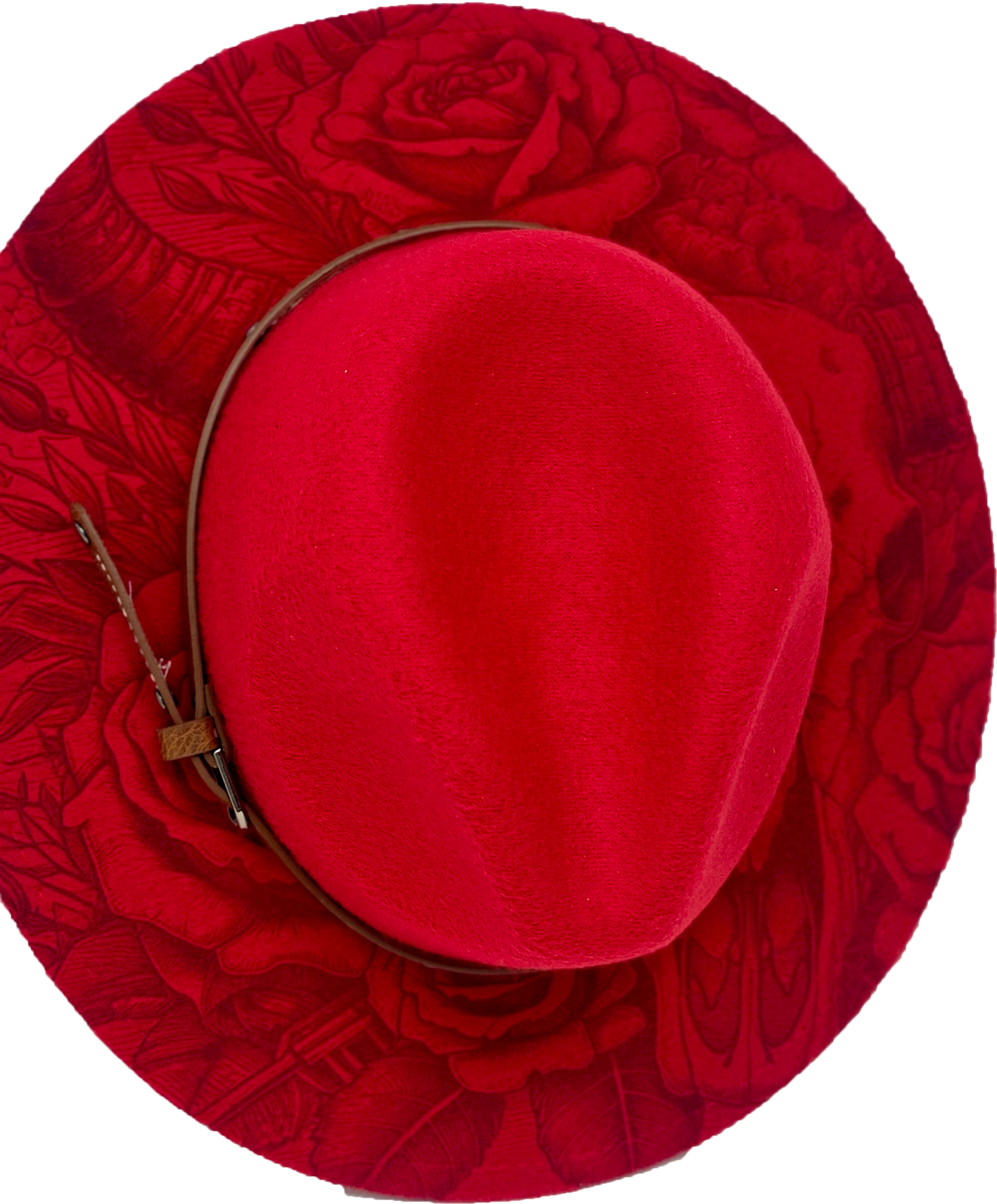 Red Western Fedora Hat with Engraved Rose & Skull Design – Adjustable Polyester Western Style