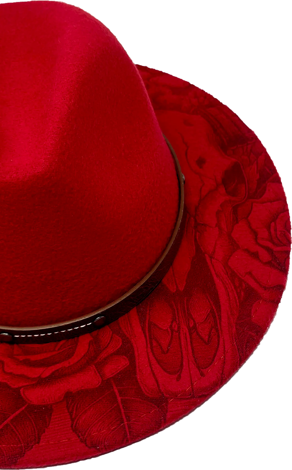 Red Western Fedora Hat with Engraved Rose & Skull Design – Adjustable Polyester Western Style Western Fedora Hats