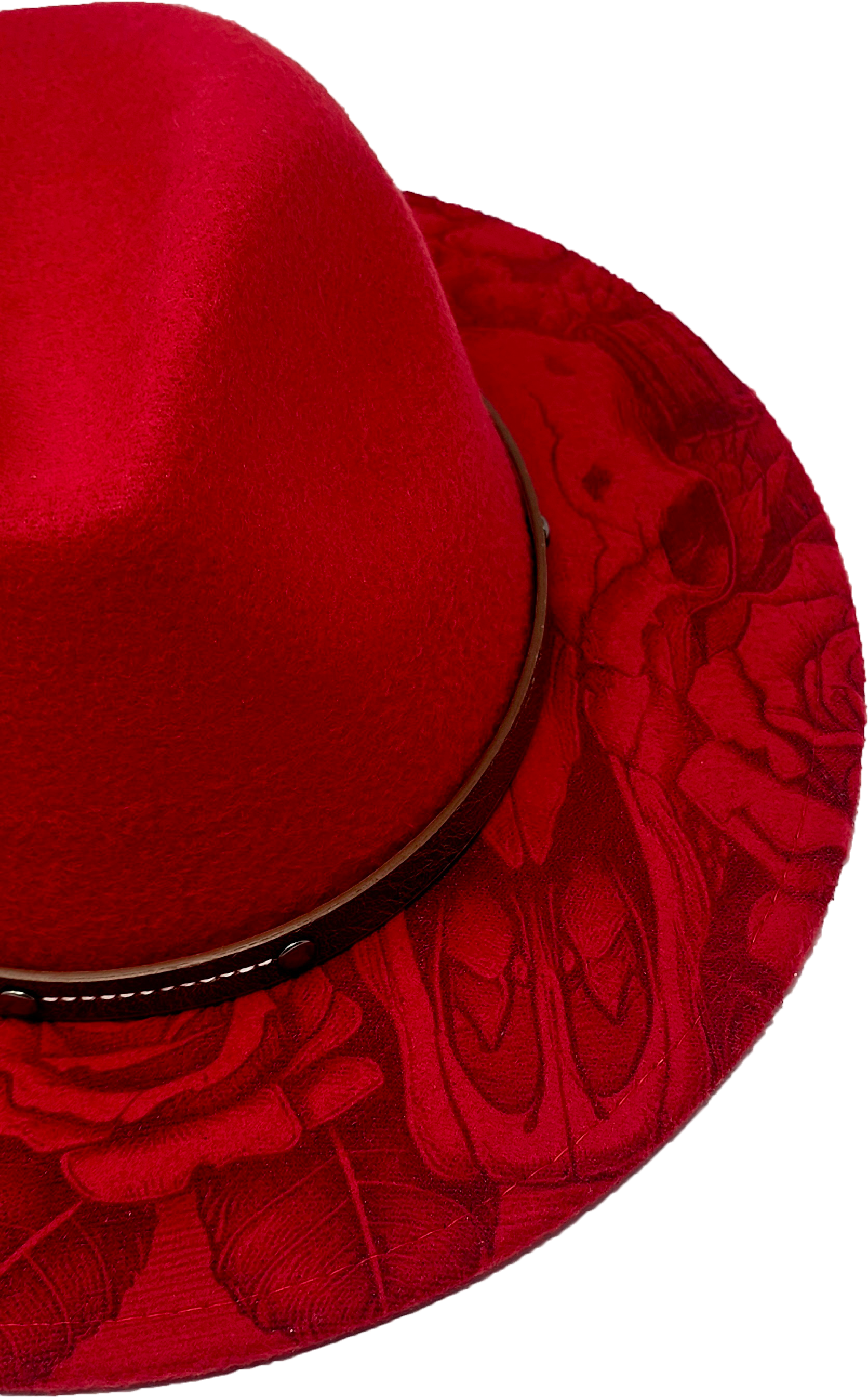 Red Western Fedora Hat with Engraved Rose & Skull Design – Adjustable Polyester Western Style