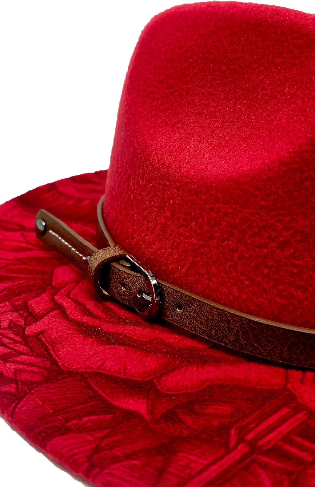 Red Western Fedora Hat with Engraved Rose & Skull Design – Adjustable Polyester Western Style Western Fedora Hats