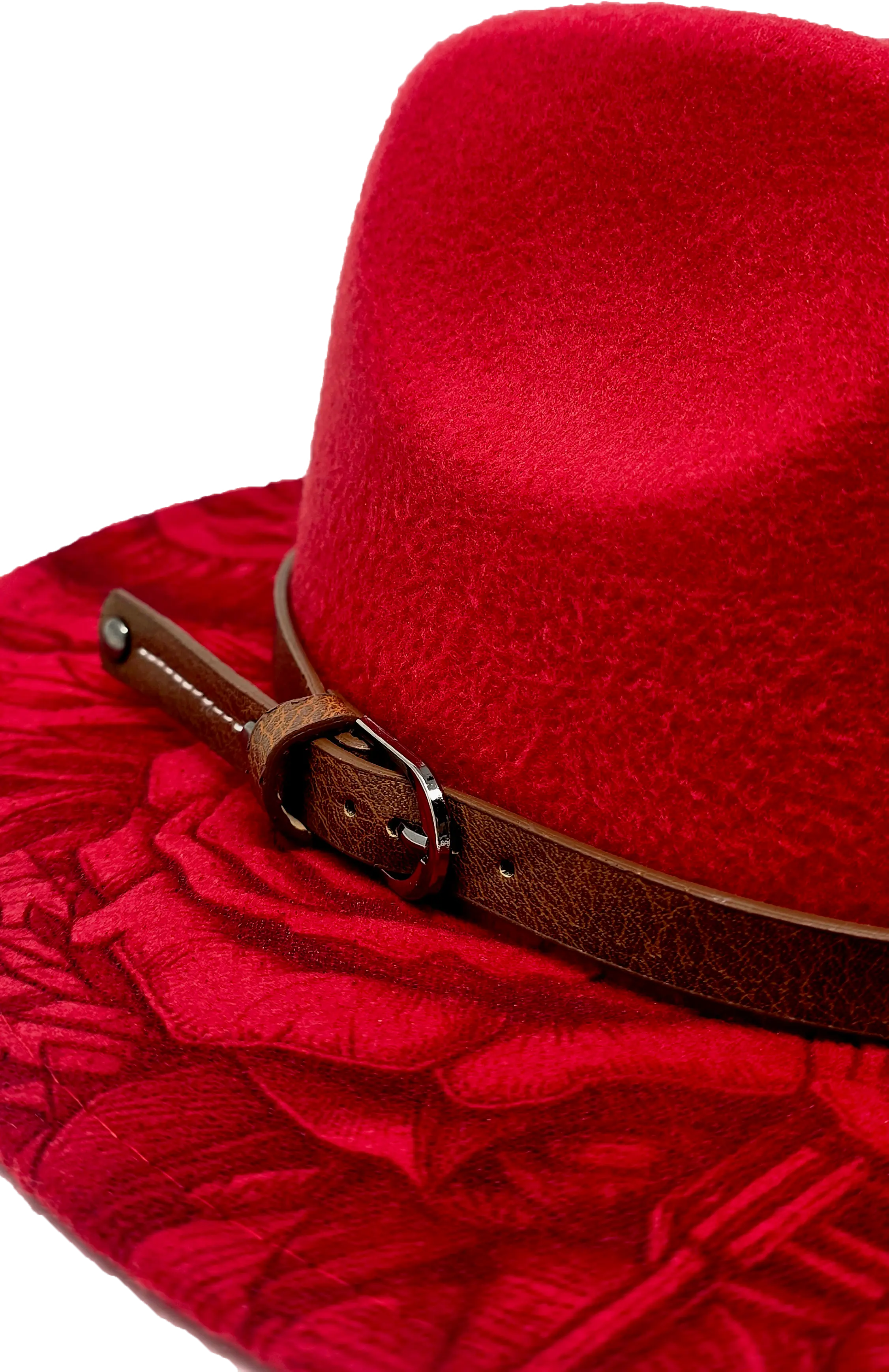 Red Western Fedora Hat with Engraved Rose & Skull Design – Adjustable Polyester Western Style Western Fedora Hats
