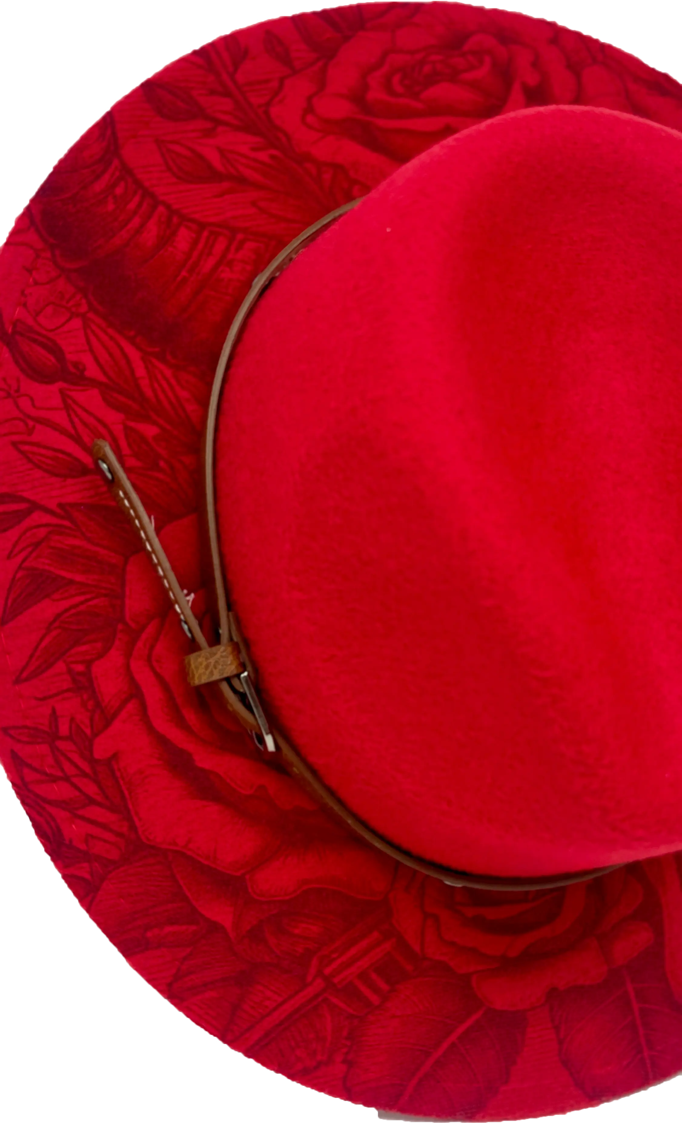 Red Western Fedora Hat with Engraved Rose & Skull Design – Adjustable Polyester Western Style Western Fedora Hats