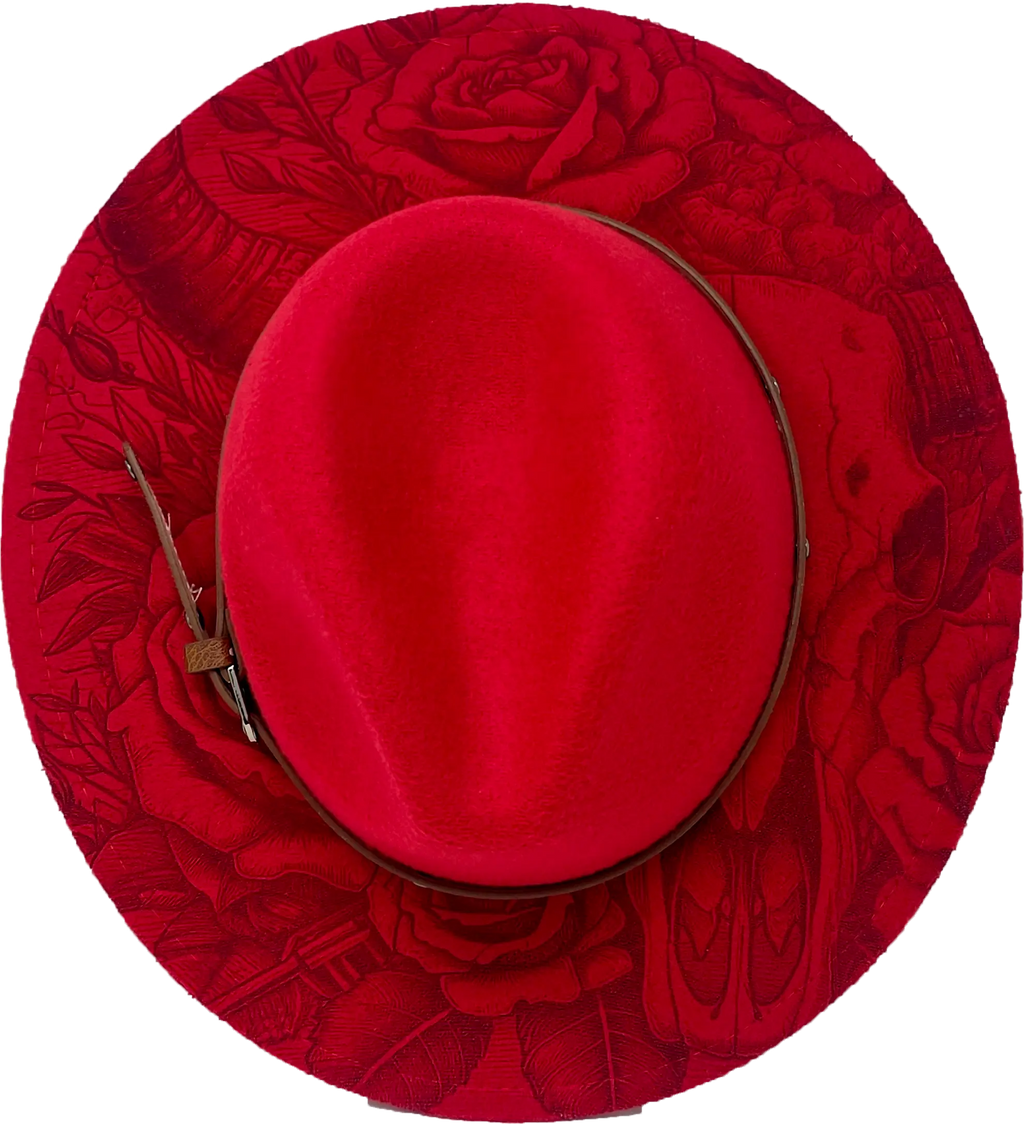 Red Western Fedora Hat with Engraved Rose & Skull Design – Adjustable Polyester Western Style Western Fedora Hats