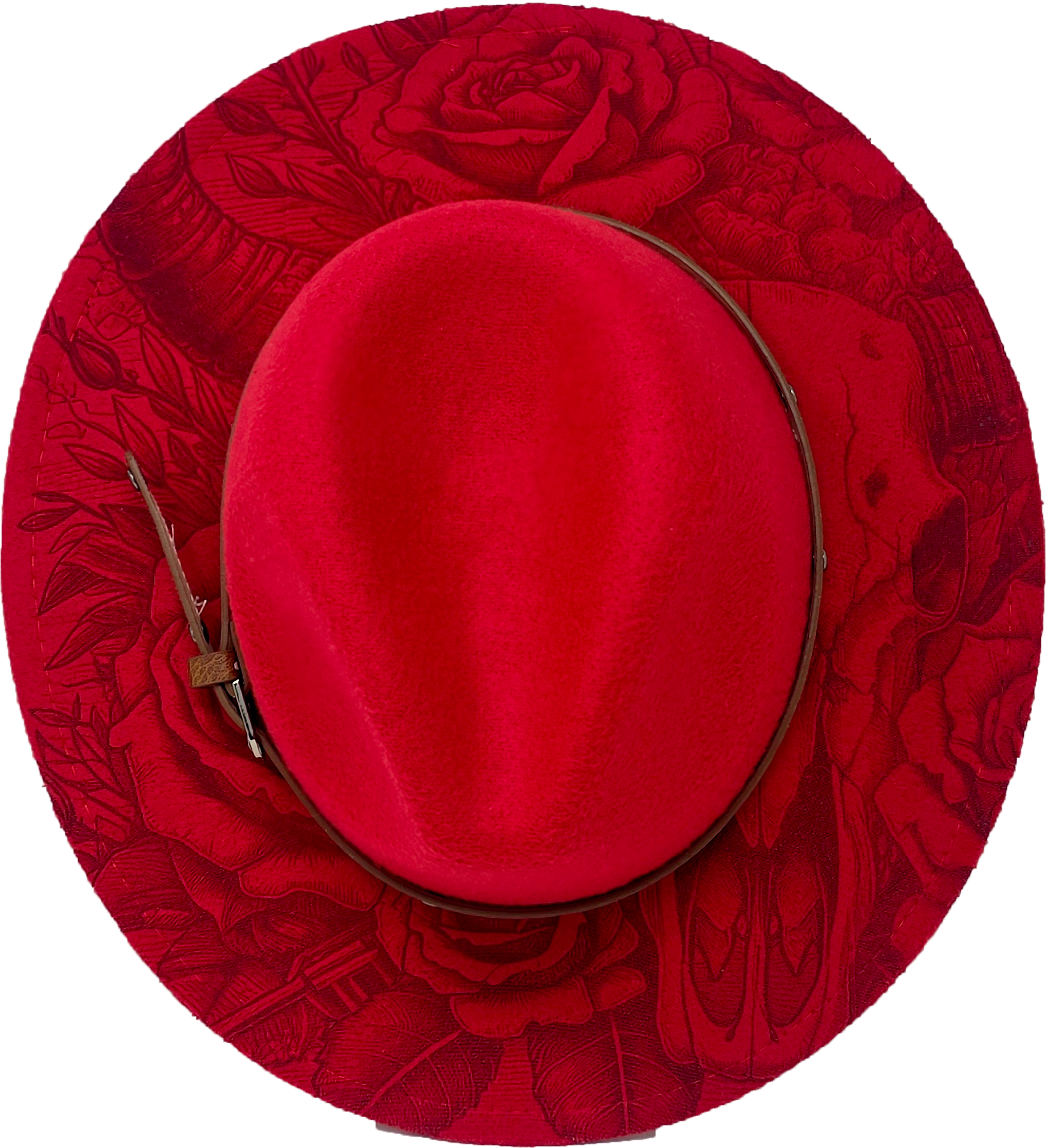Red Western Fedora Hat with Engraved Rose & Skull Design – Adjustable Polyester Western Style