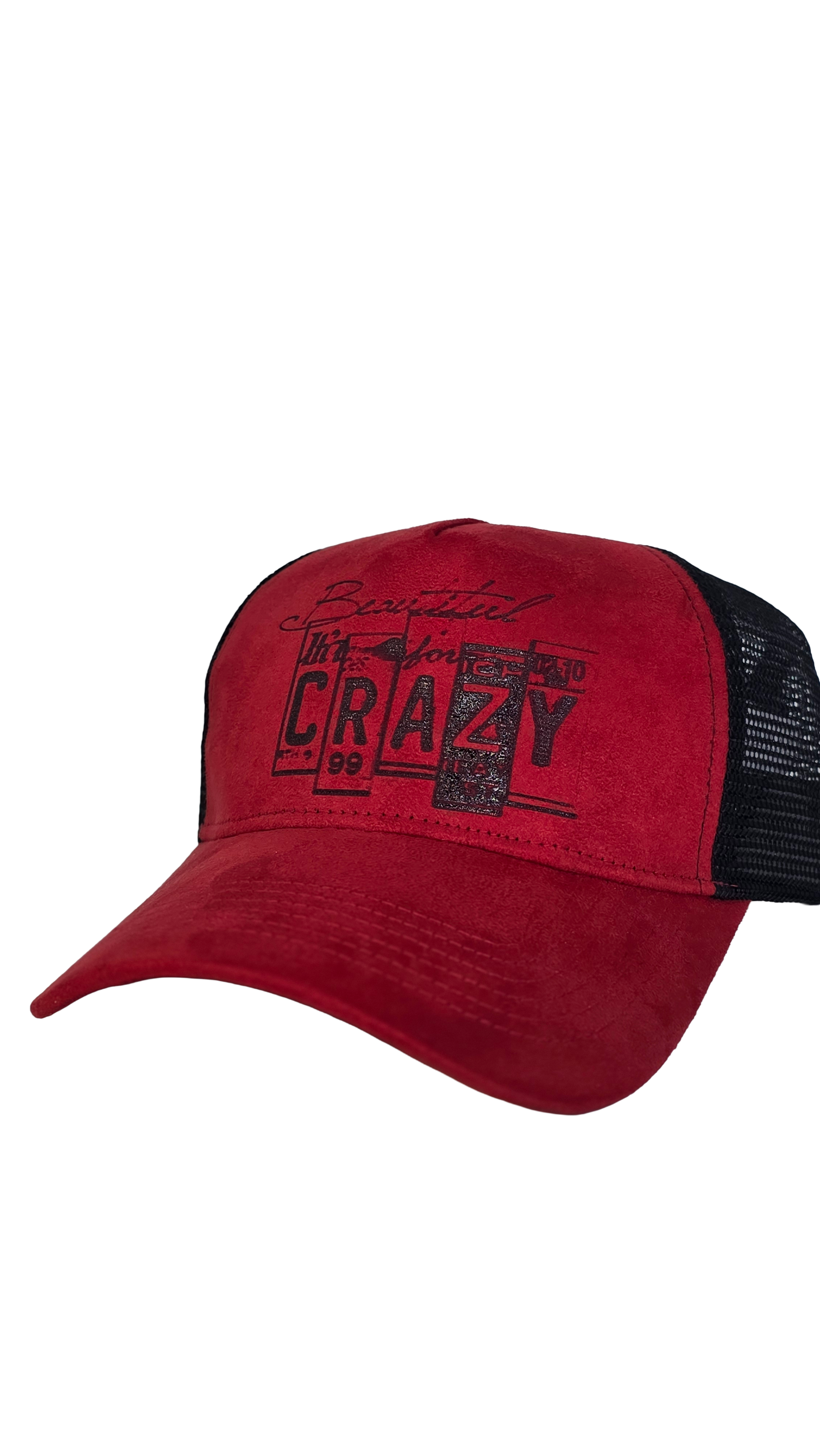 Red suede trucker hat with “Beautiful Crazy” laser-engraved front design