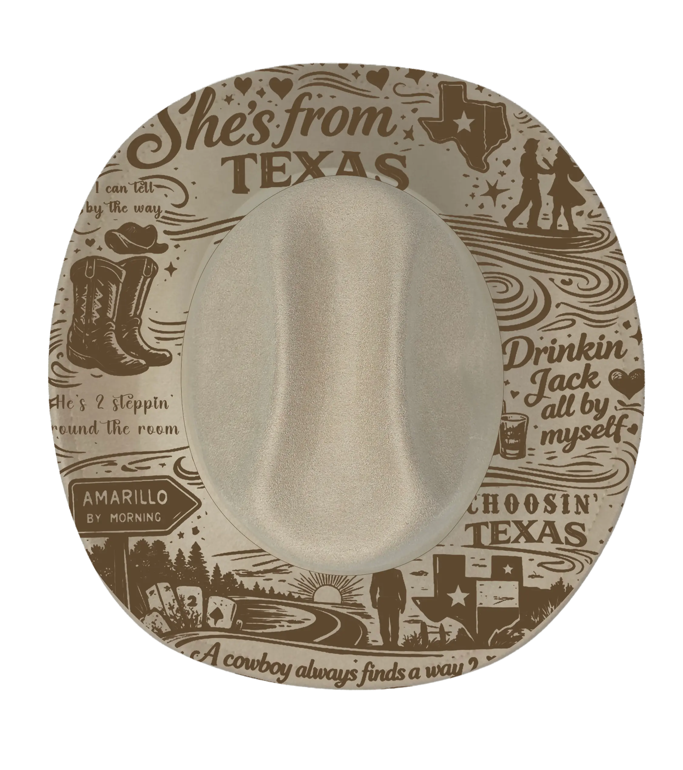Biege cattleman hat with she's from texas graphic engraving