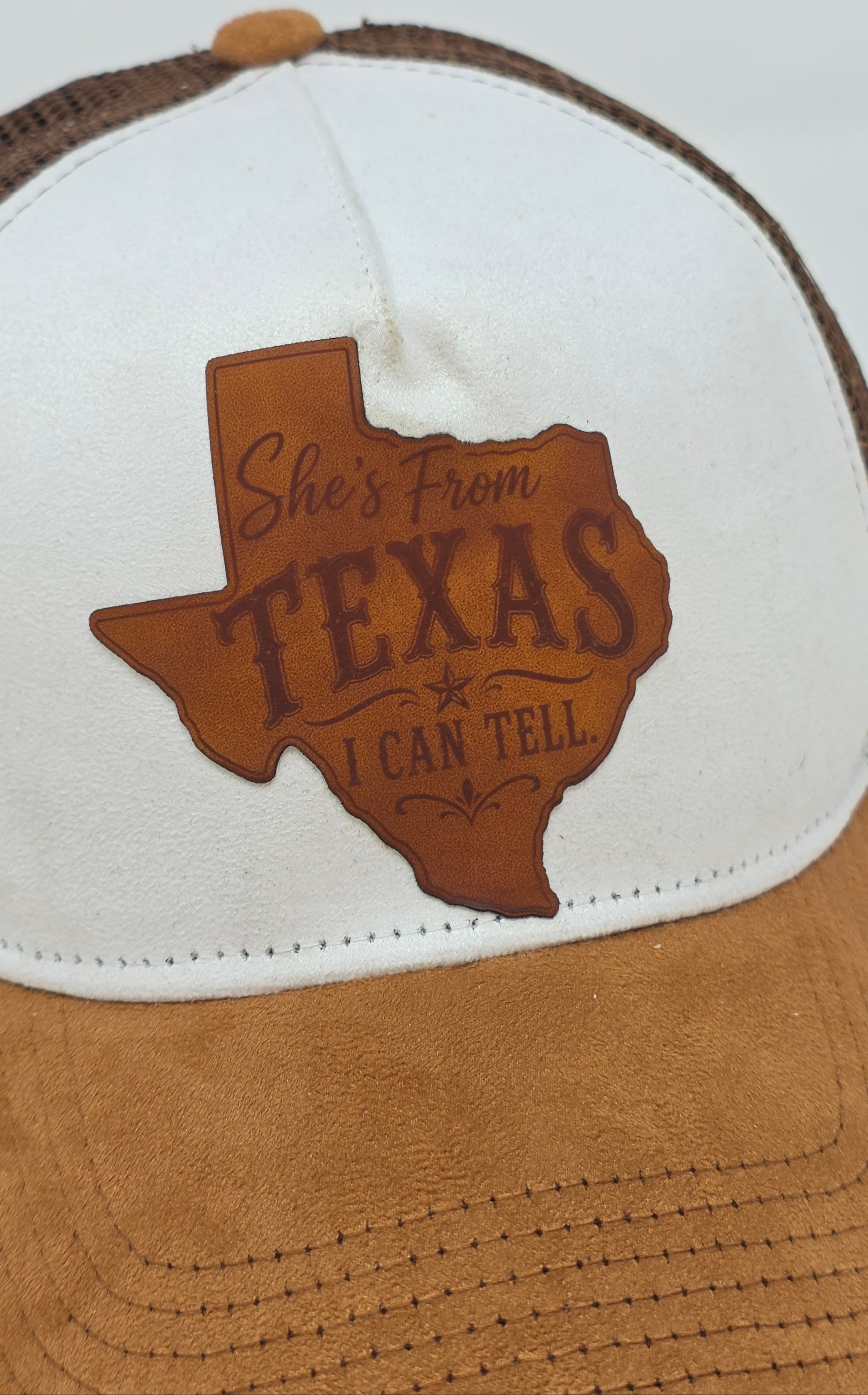 She's From Texas Leather Patch Trucker Hat