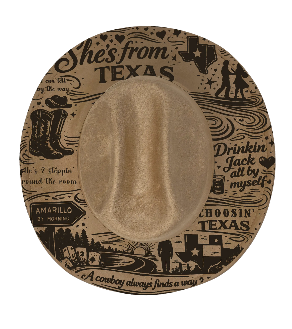 Tan cattleman hat with shes from texas engraving