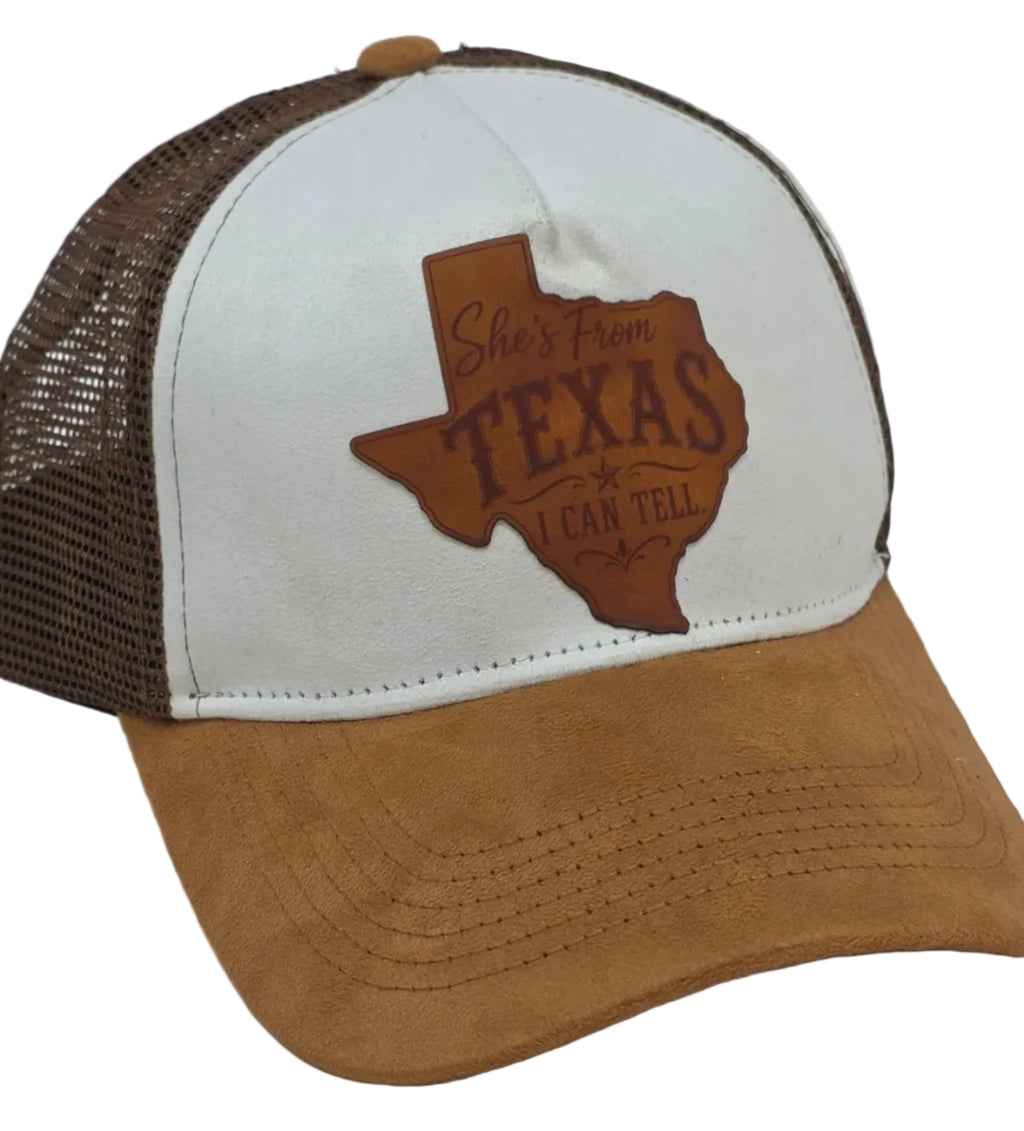 She's From Texas Leather Patch Trucker Hat