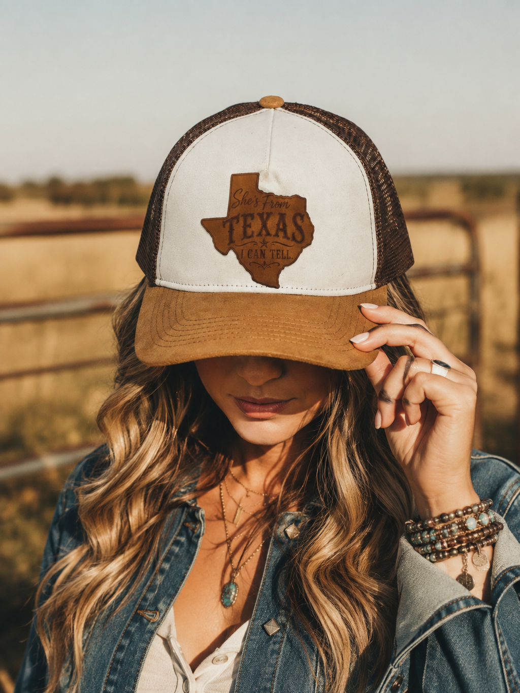 She's From Texas Leather Patch Trucker Hat