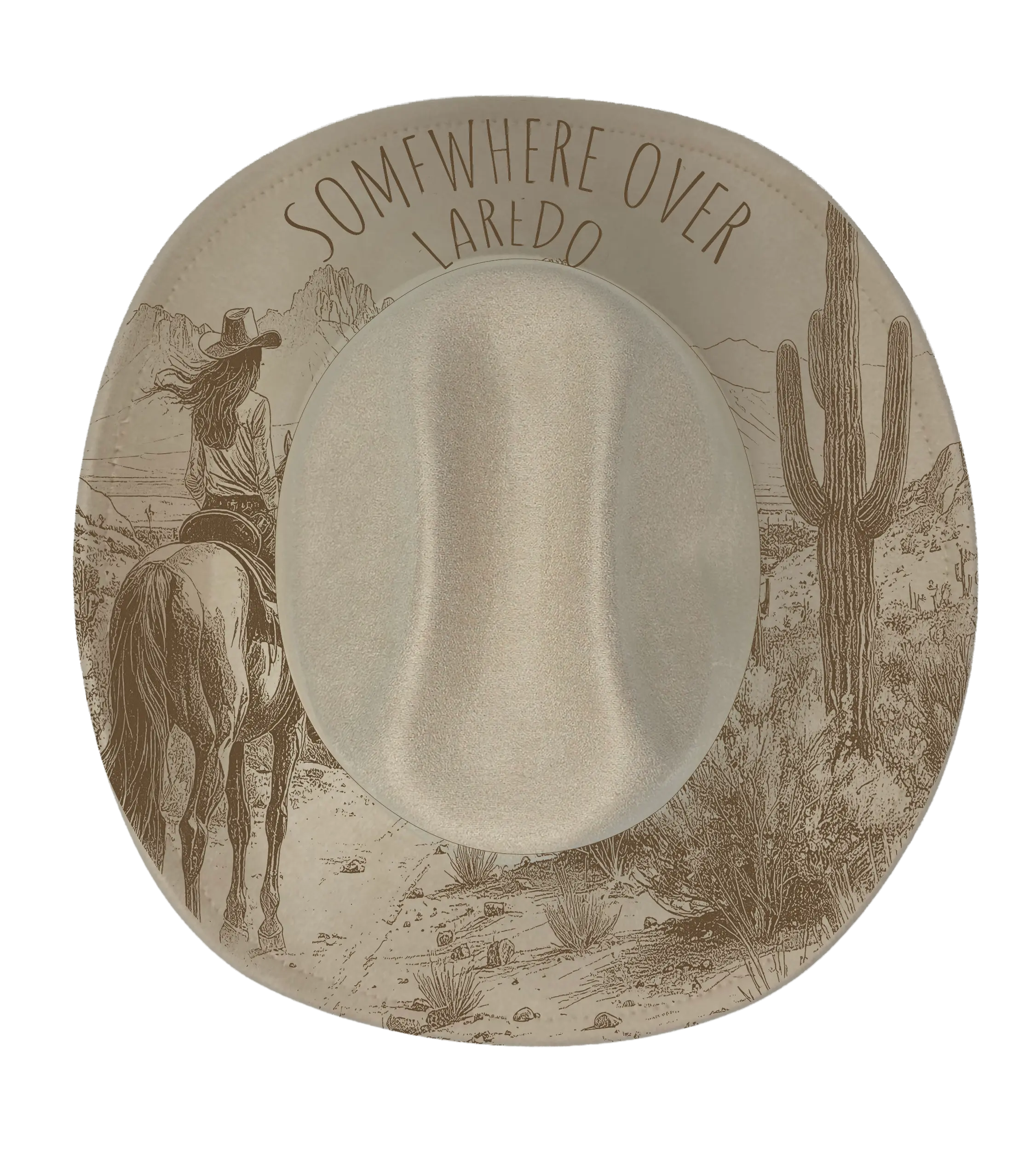 Biege cattleman hat with somewhere over Laredo and cowgirl on horse desert scene engraving