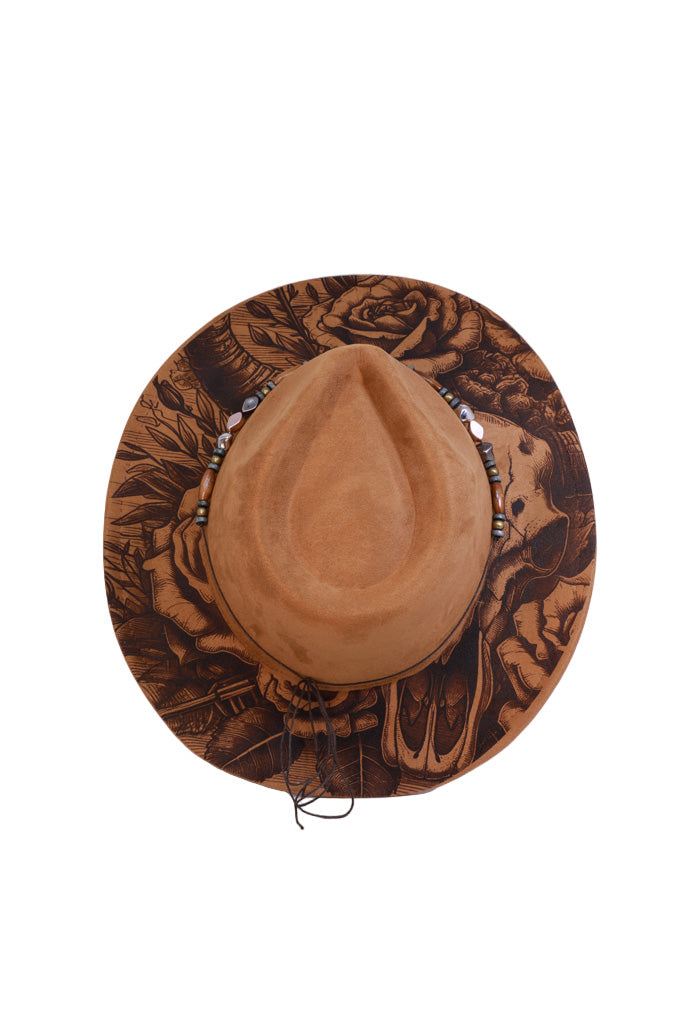 Tan laser-engraved fedora hat with longhorn and rose design