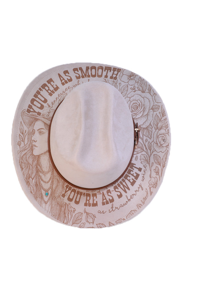 Beige Western Cattleman Hat - Engraved “Tennessee Whiskey” Lyric Design with Florals & Cowgirl