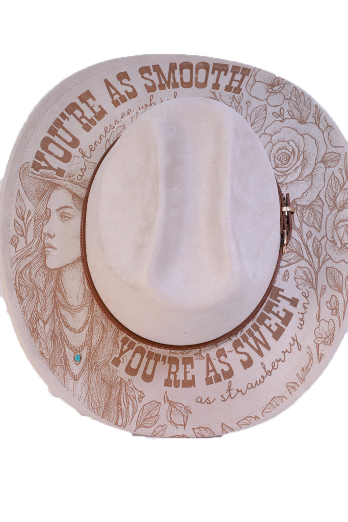 Beige Western Cattleman Hat - Engraved “Tennessee Whiskey” Lyric Design with Florals & Cowgirl