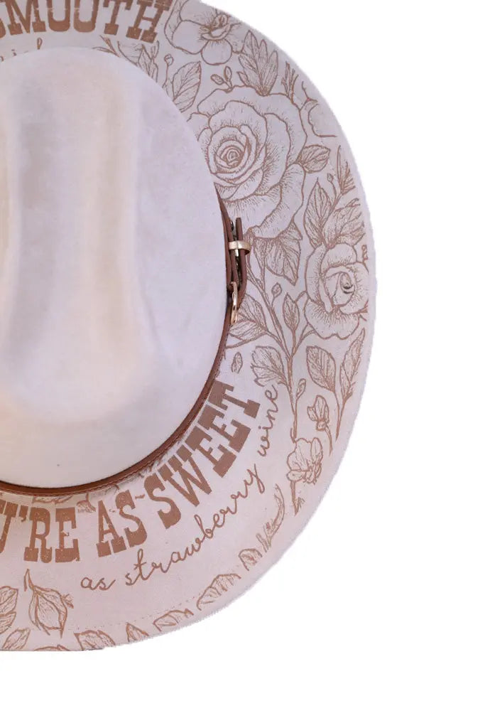 Beige Western Cattleman Hat - Engraved “Tennessee Whiskey” Lyric Design with Florals & Cowgirl Western Fedora Hats