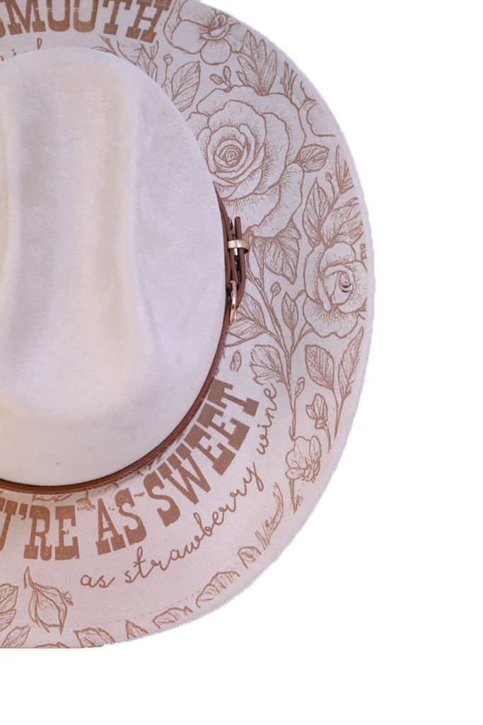 Beige Western Cattleman Hat - Engraved “Tennessee Whiskey” Lyric Design with Florals & Cowgirl