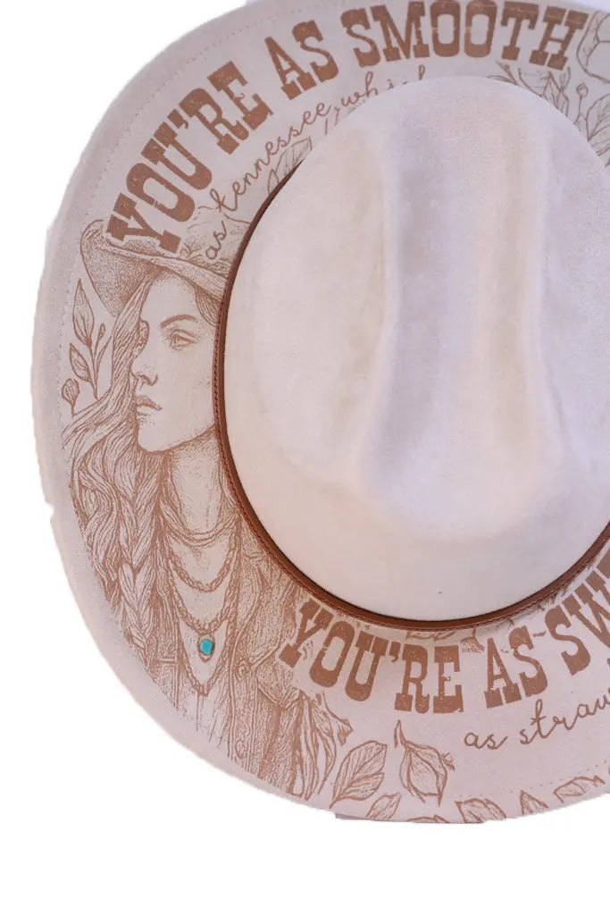 Beige Western Cattleman Hat - Engraved “Tennessee Whiskey” Lyric Design with Florals & Cowgirl Western Fedora Hats