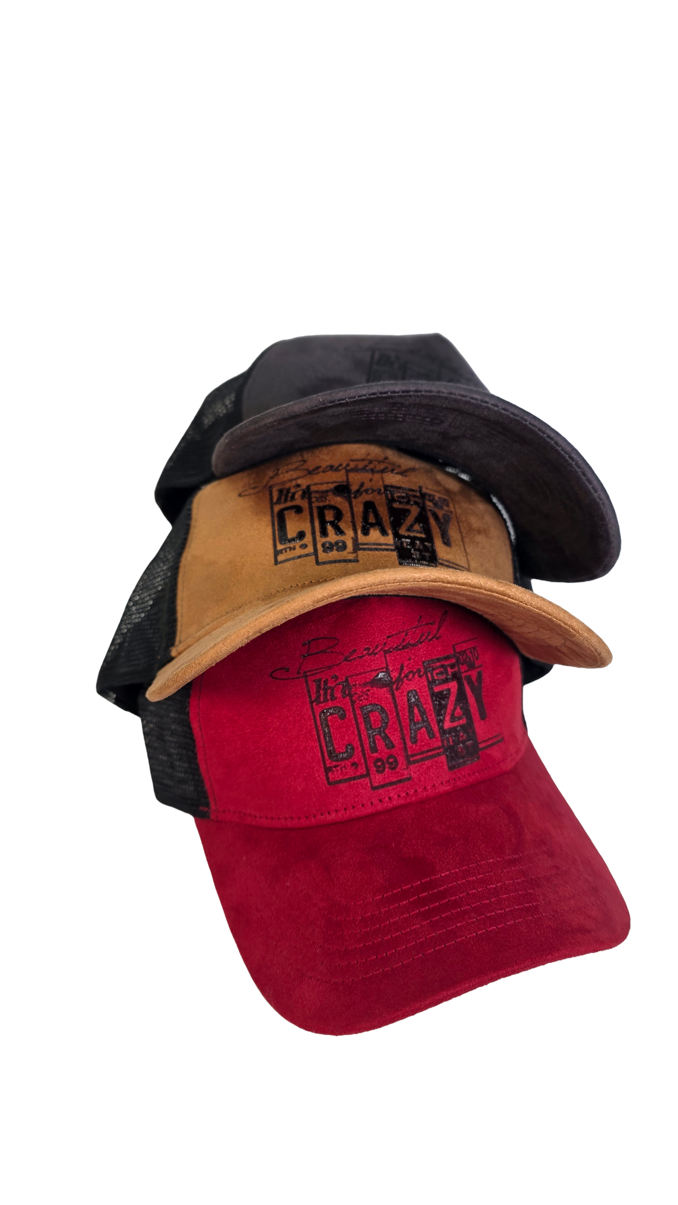 Set of three “Beautiful Crazy” trucker hats in red, tan, and black