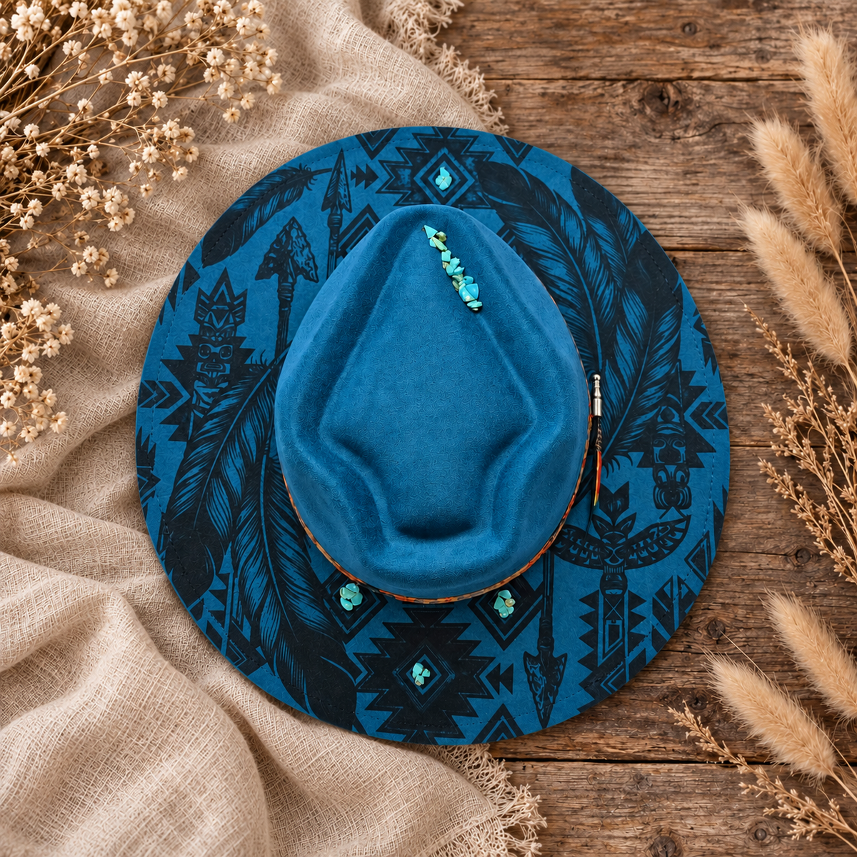 Arrowtop Boho Aztec Fedora Hat on a cream flat-lay background