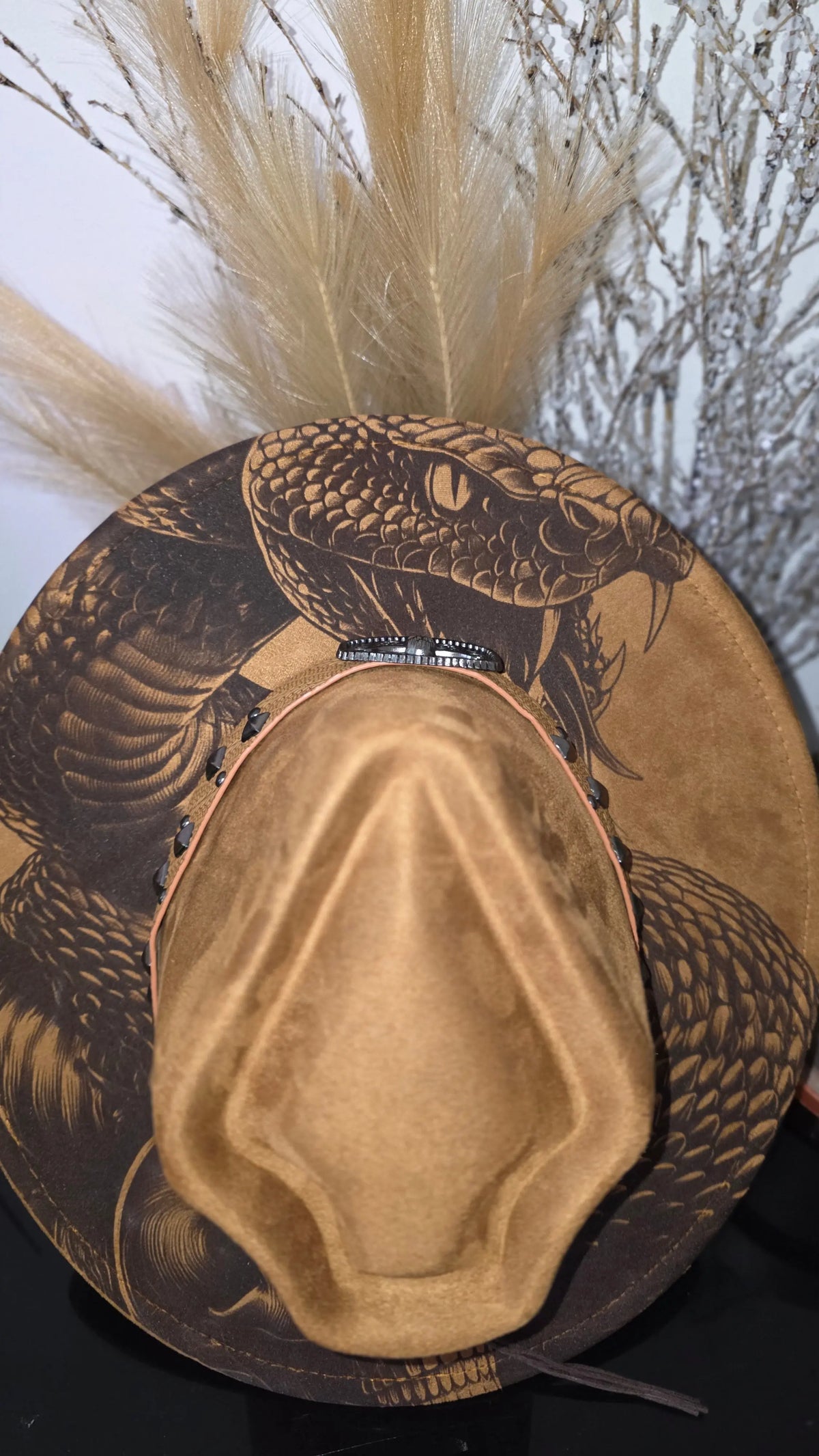 Bold arrowtop fedora with a laser engraved snake and skull design across the brim (photo 6)