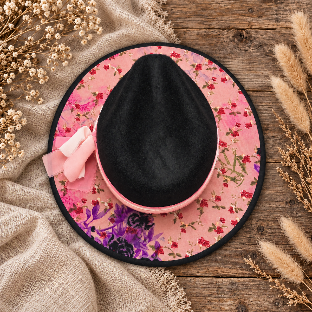 Black & Pink Floral Fedora Hat on a cream flat-lay background