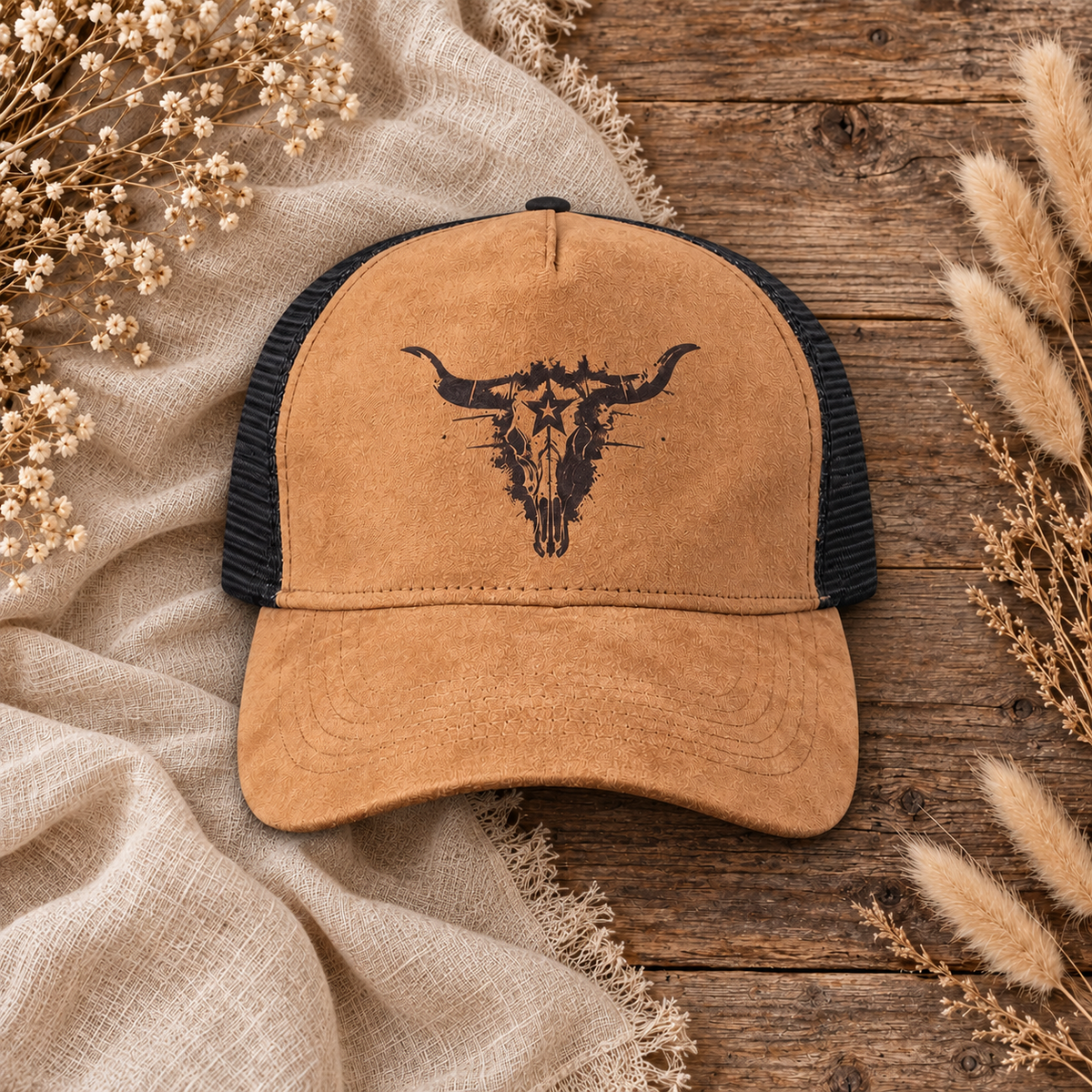 Brown Longhorn Skull Trucker Cap on a cream flat-lay background