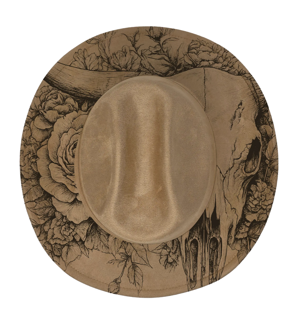 Tan colour cattleman hat with large rose floral and longhorn engraving
