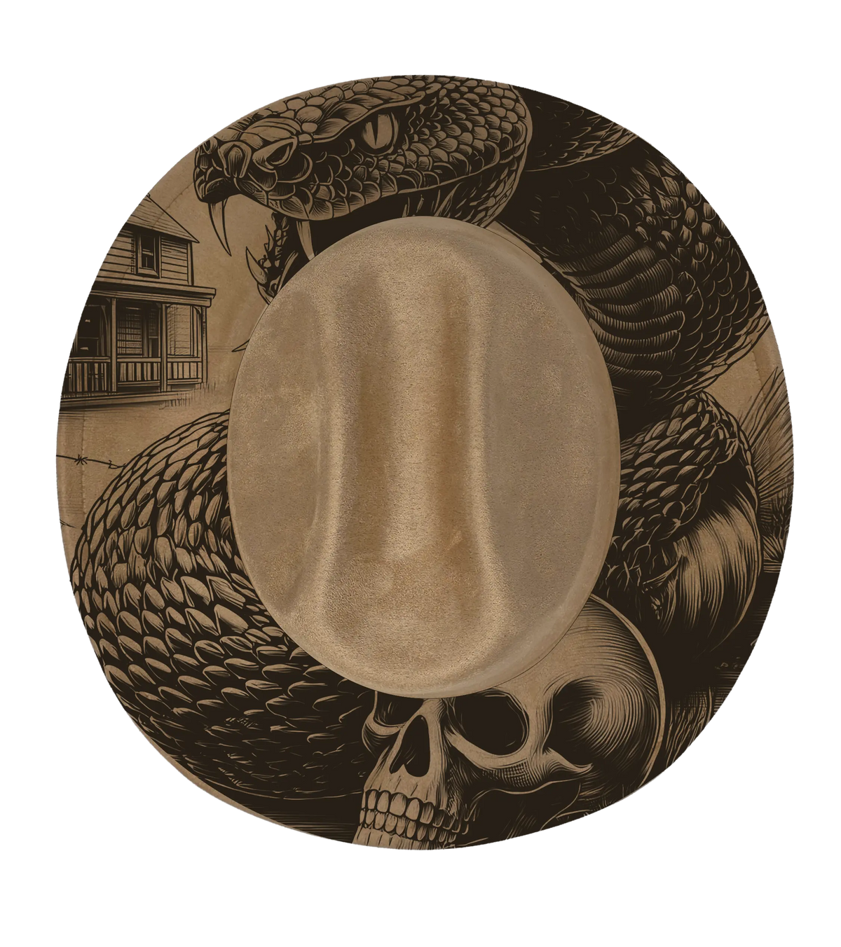 Tan coloured cattleman hat with snake and skull design engraving