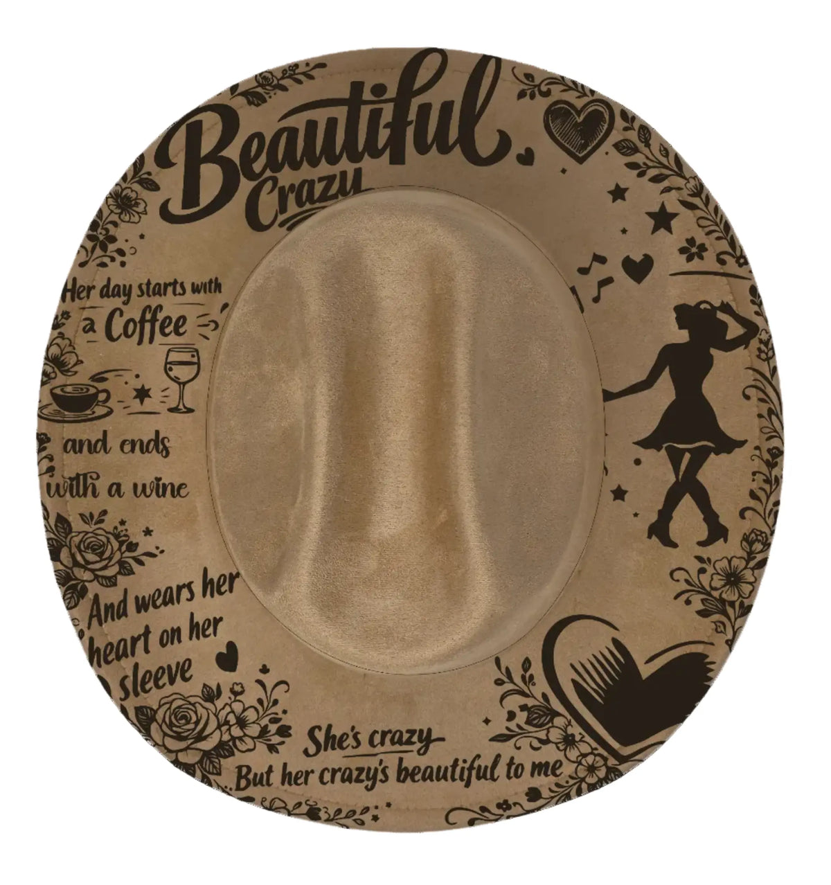 Beige cowboy hat with engraved Beautiful Crazy image