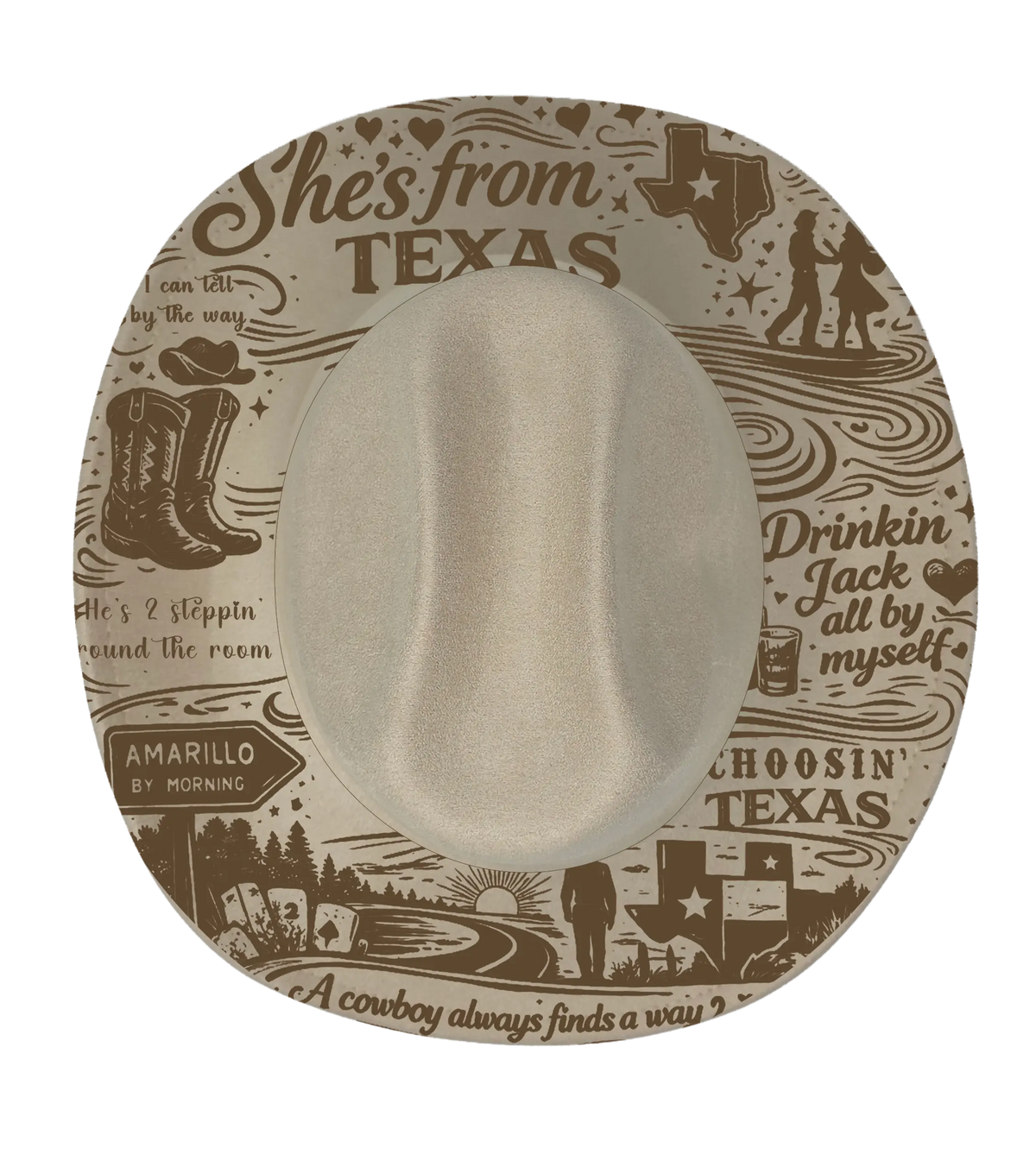 Biege cattleman hat with she's from texas graphic engraving