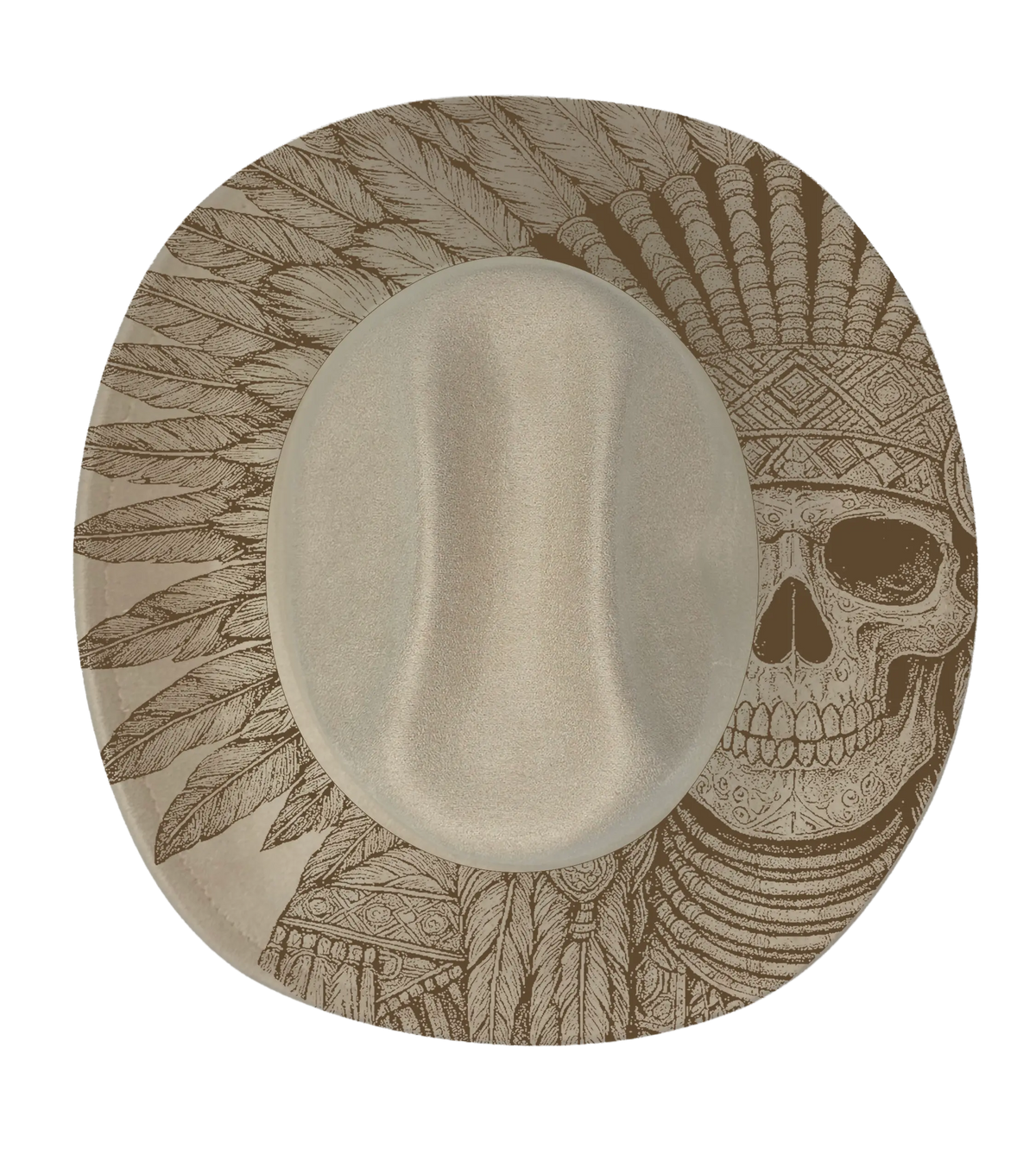 A biege cattleman hat with a native indian skull engraved onto the brim