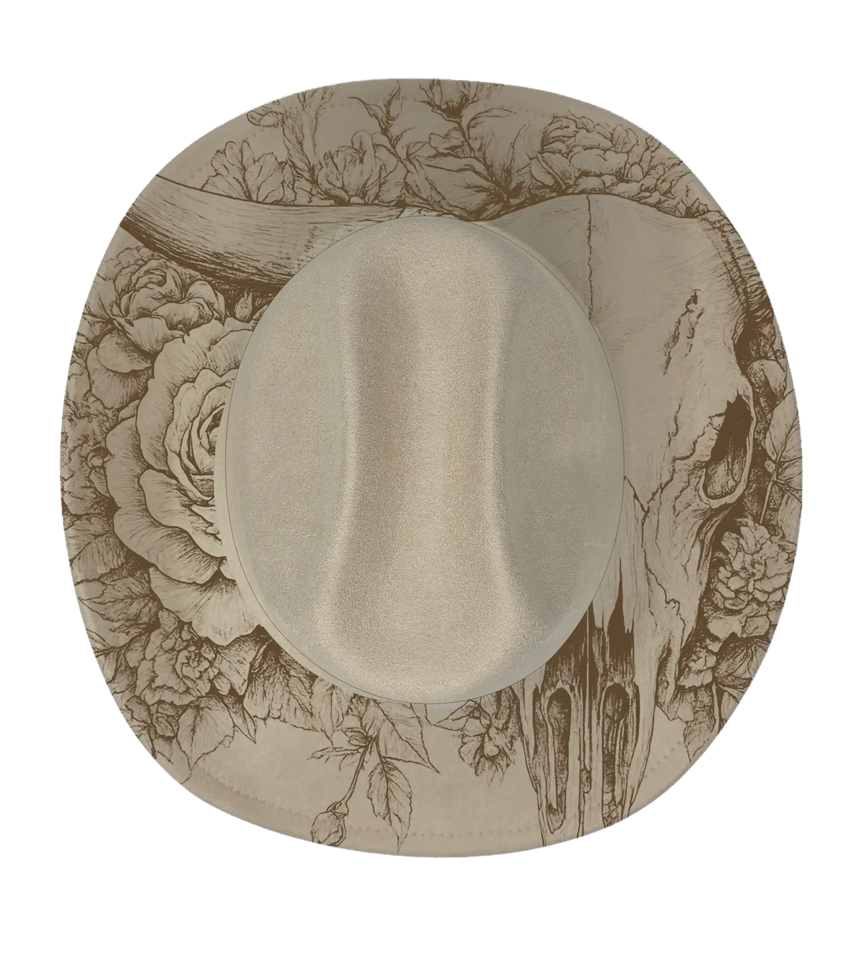 A longhorn and rose engraved onto a biege cattleman hat brim