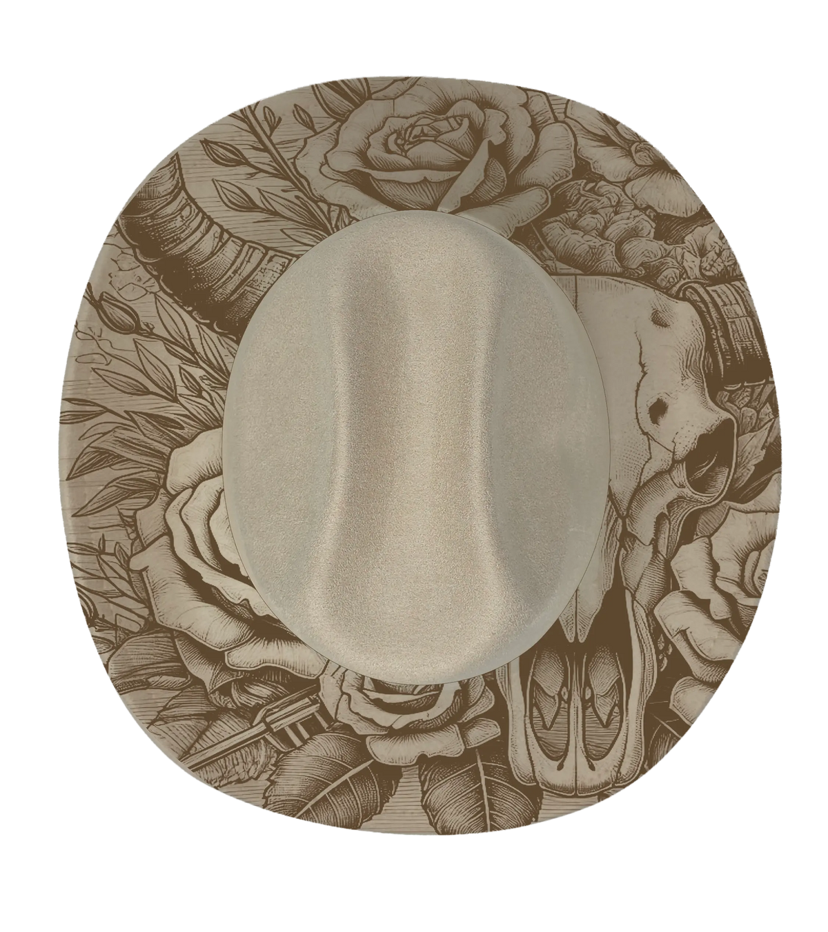 A biege cattleman hat with a longhorn and floral pattern engraved onto the brim