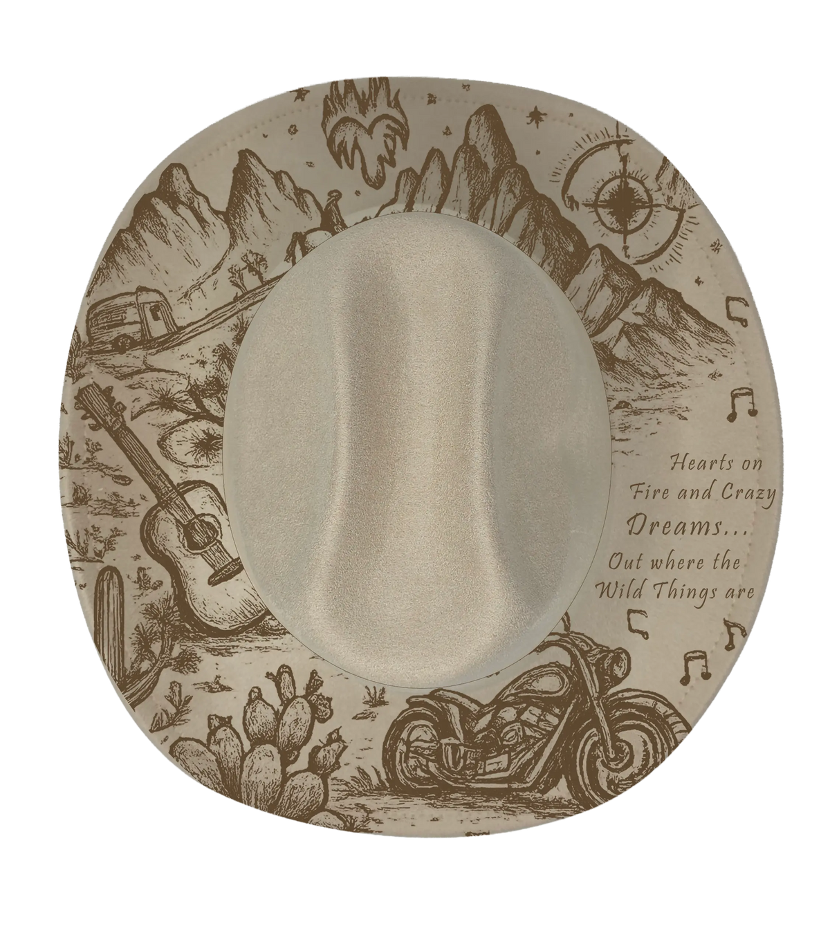 Biege cattleman with western desert theme engraved onto the brim