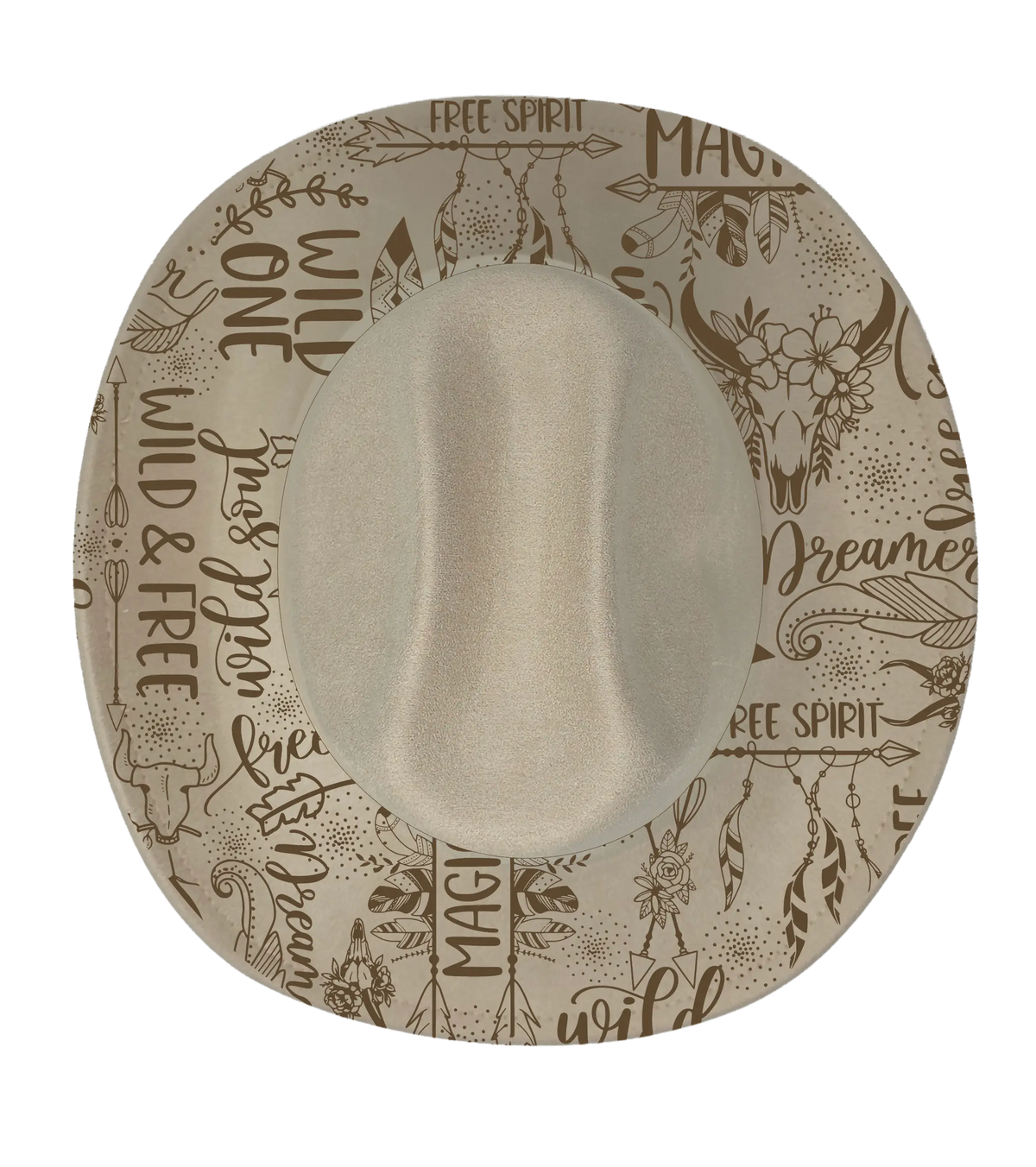 Cream cattleman hat with wild one and free spirit graphic engraved onto the brim