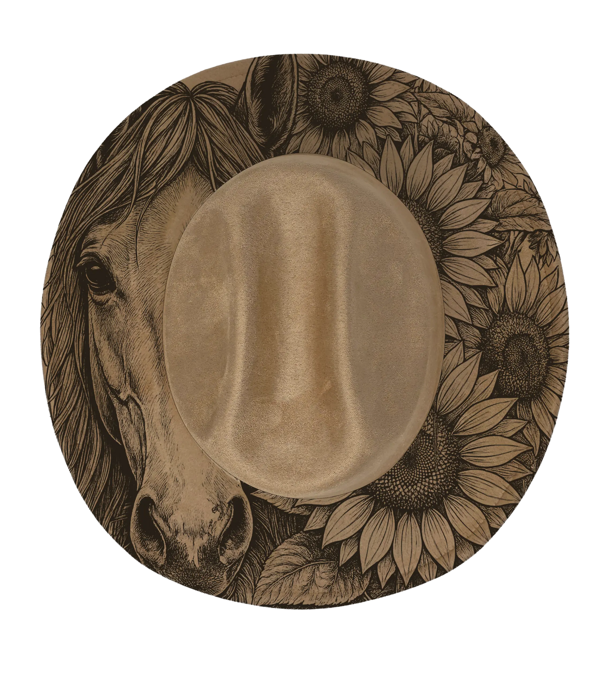 Tan coloured cattleman hat with horses face and sunflowers engraved