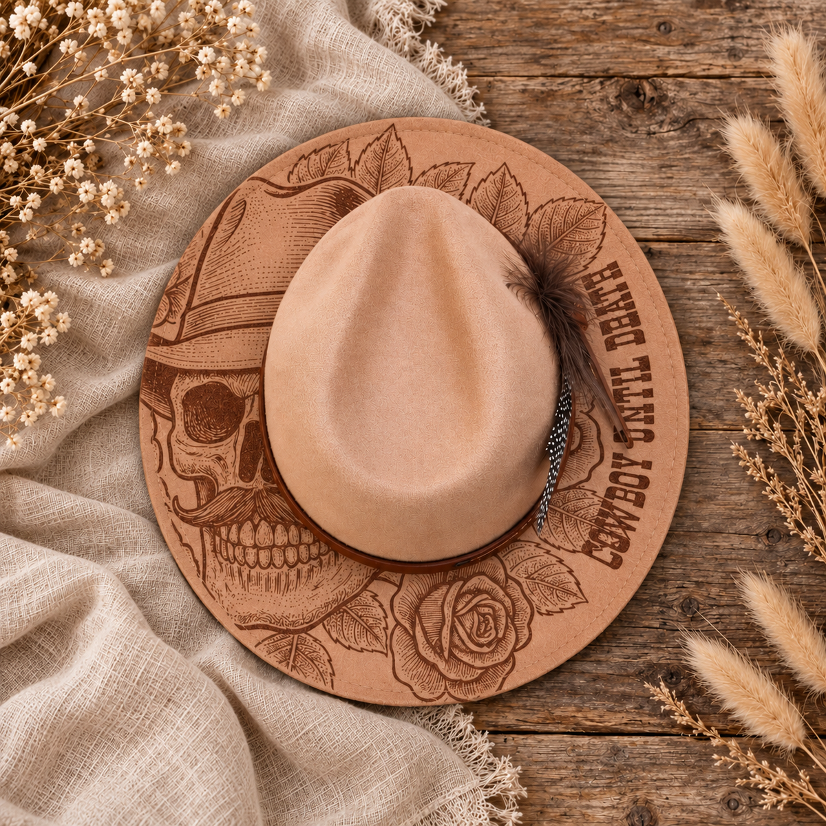 Cowboy Until Death Fedora Hat on a cream flat-lay background