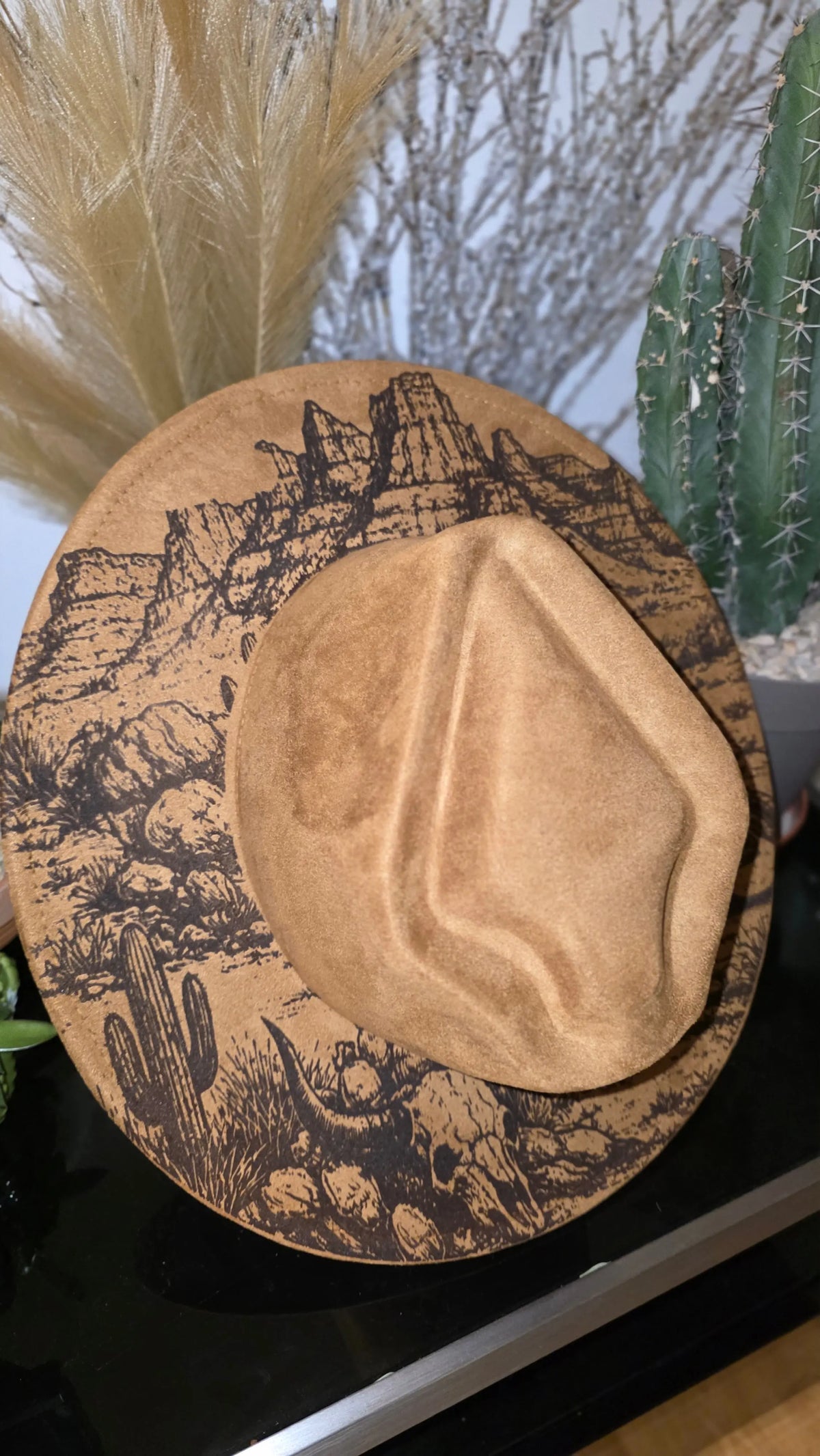 Laser engraved suede fedora with a detailed desert landscape and motorcycle scene (photo 8)