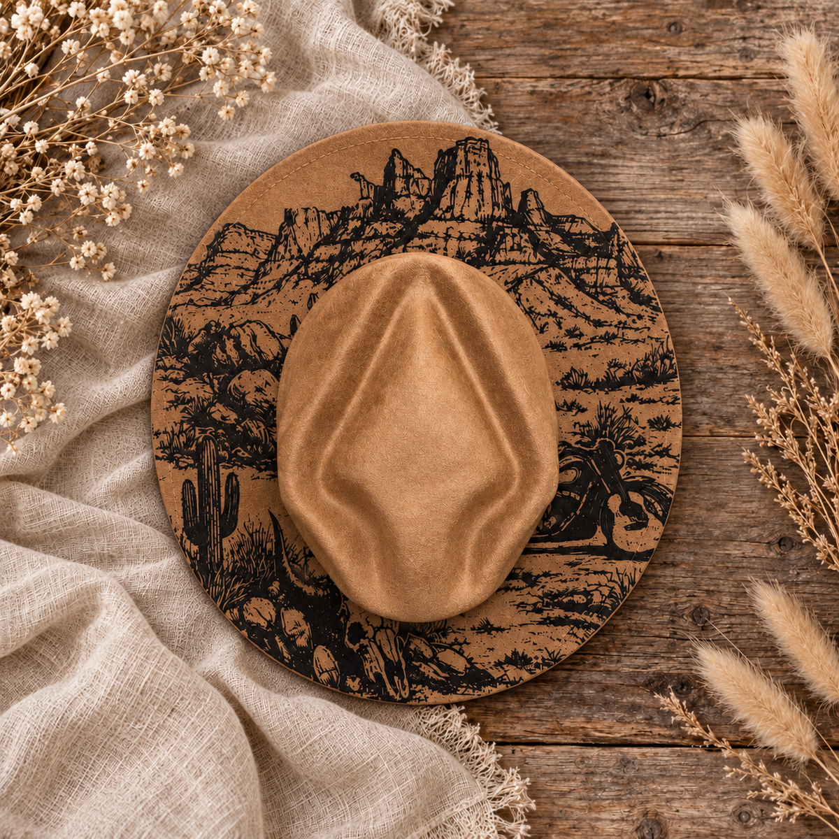 Desert Motorcycle Fedora Hat on a cream flat-lay background
