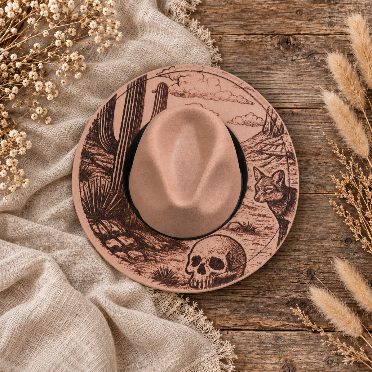 Desert Skull & Coyote Fedora Hat on a cream flat-lay background