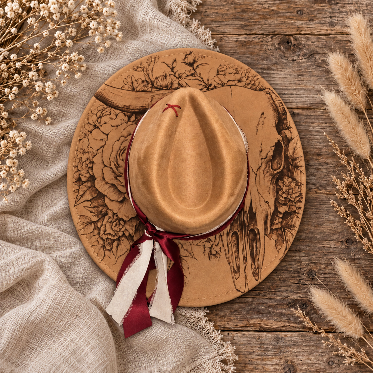 Floral Cow Skull Fedora Hat on a cream flat-lay background