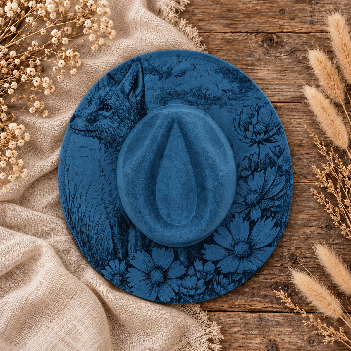 Fox & Wildflower Meadow Fedora Hat on a cream flat-lay background