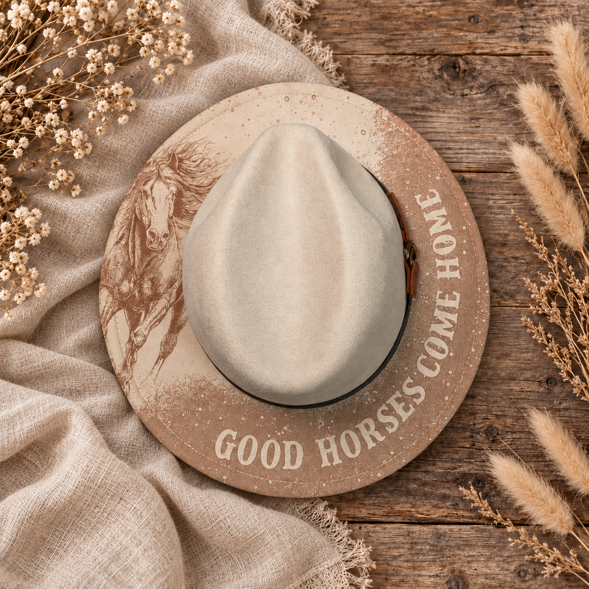 Good Horses Come Home Fedora Hat on a cream flat-lay background