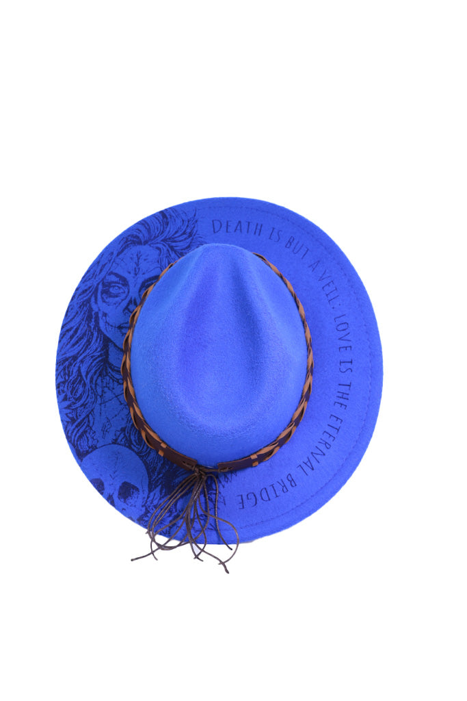 Royal blue gothic fedora hat with engraved Bride of Death design and skull motif
