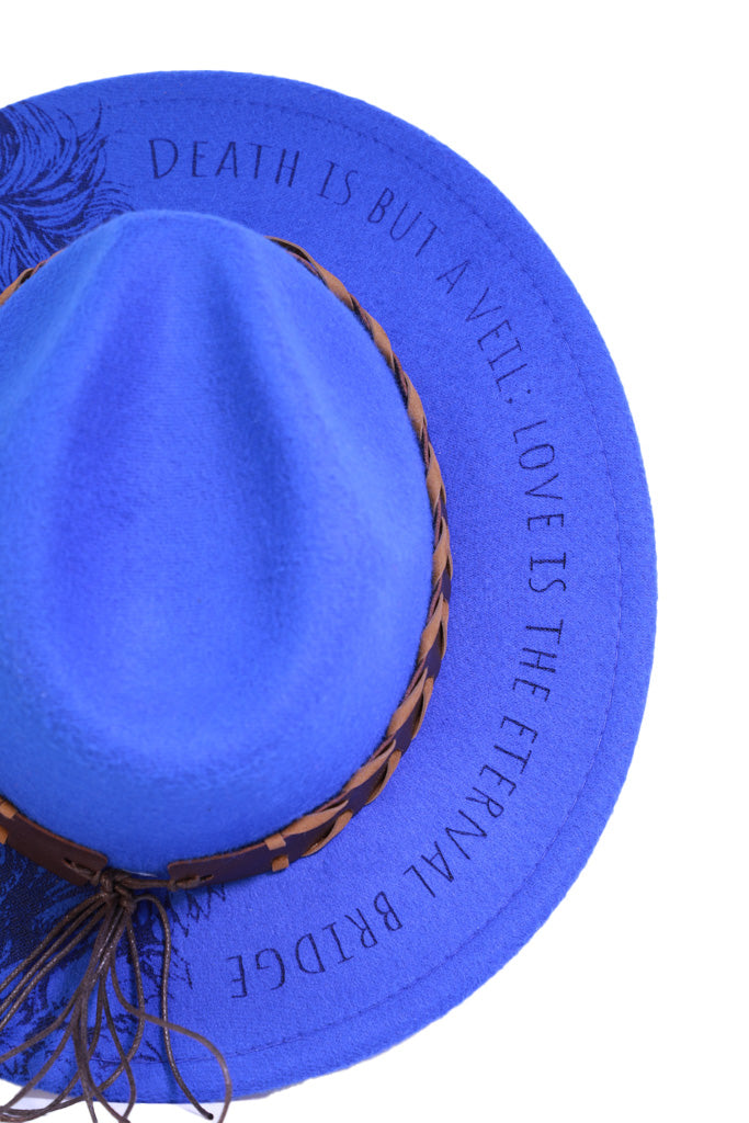 Laser-engraved gothic artwork on blue felt hat
